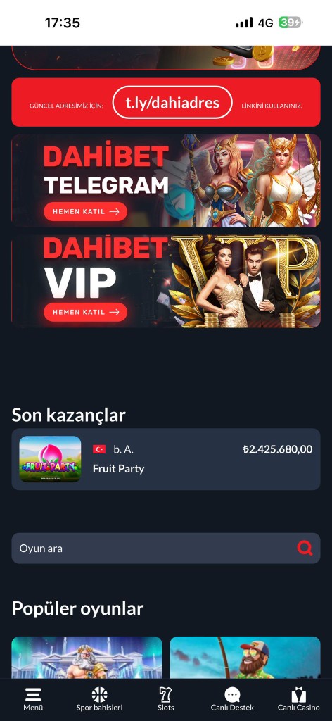 Dahibet uygulama ekraninda promosyon ve oyun listesi goruntusu