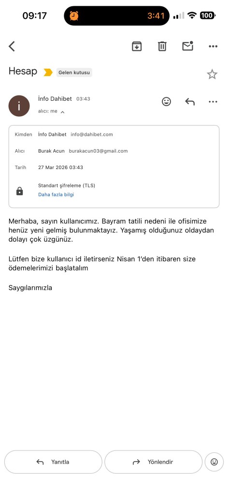 Dahibet e-posta yaniti ekran goruntusu